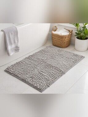 24" x 16" Chenille Microfiber Bath Rug Mat Gray Non Slip Soft Absorbent Bathroom
